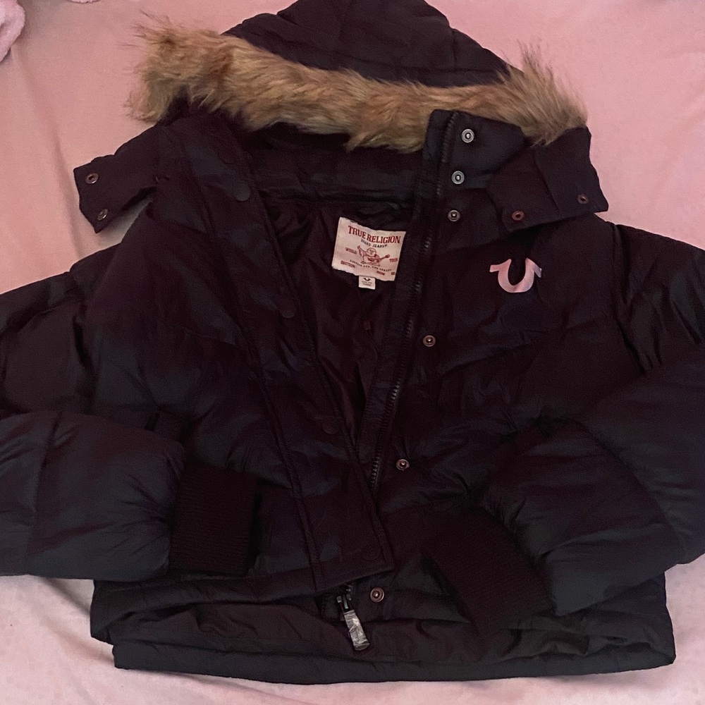 True Religion Black Girls' Puffer Jacket with Faux Fur Trim